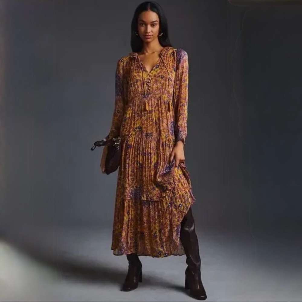 Anthropologie Boho Floral Tiered Maxi Dress Mustard Purple Size L EUC
